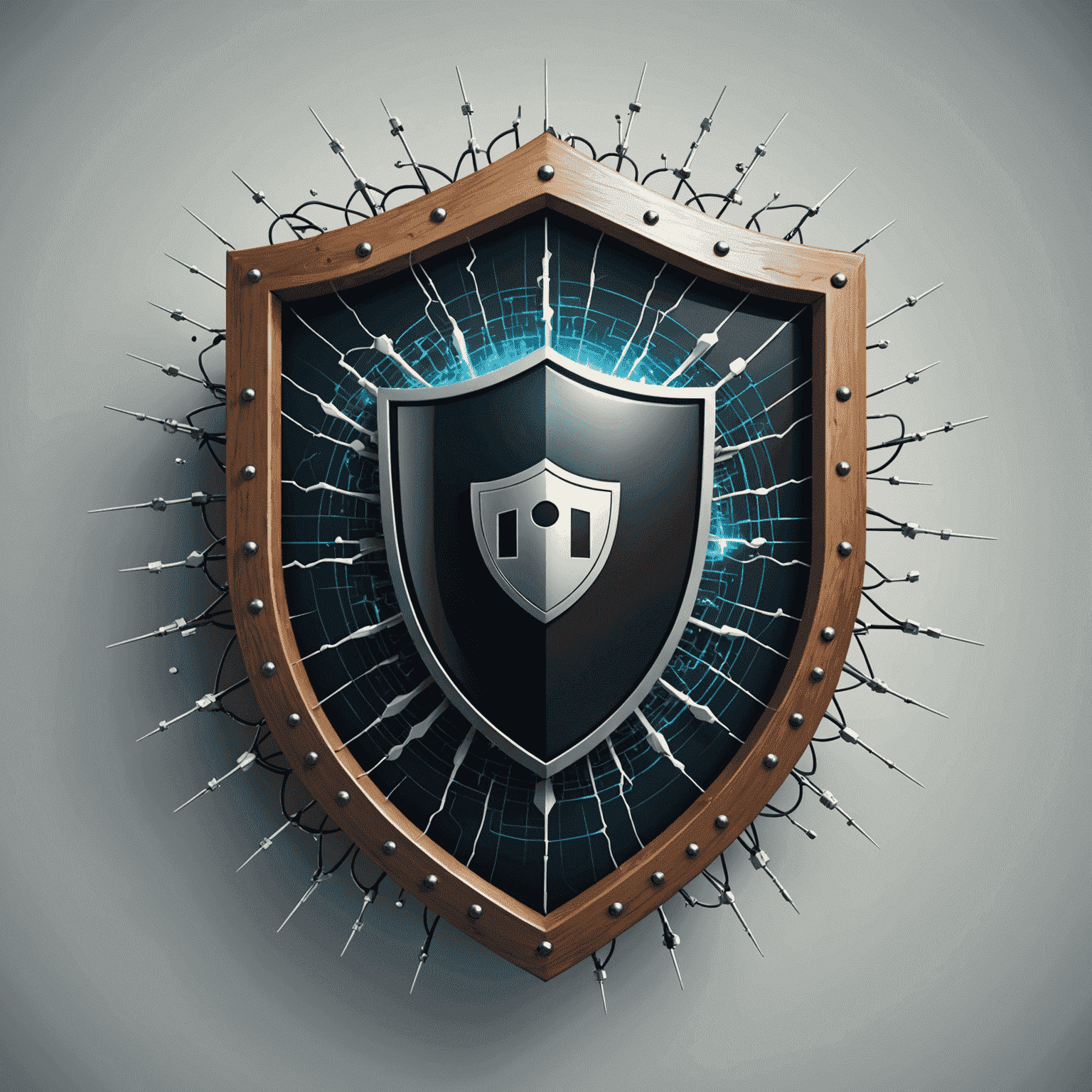 Visual representation of network security threats, showing a shield protecting a network from various incoming attack vectors
