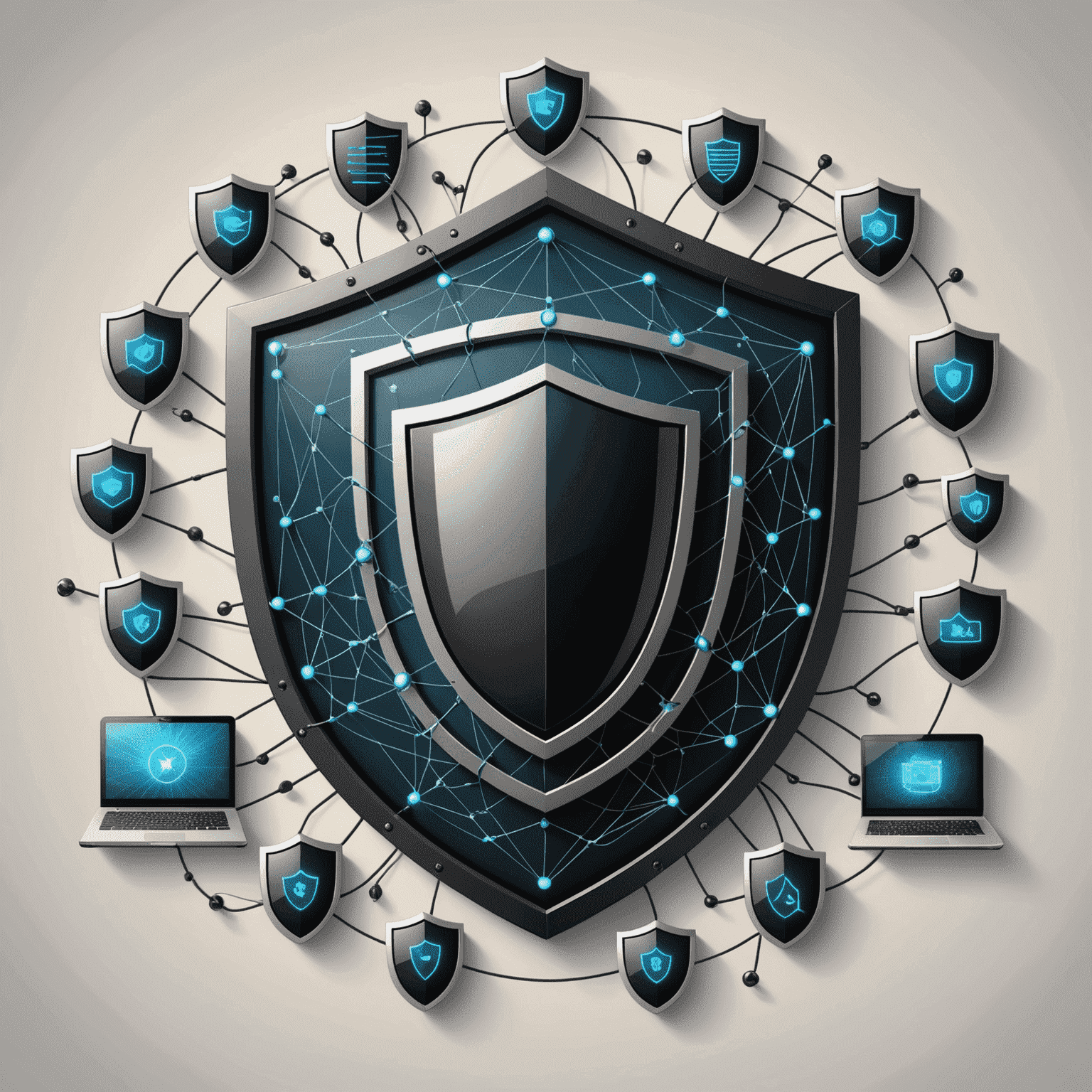 A visual representation of network security threats, showing a shield protecting a network of interconnected devices from various attack vectors such as malware, phishing, and DDoS attacks