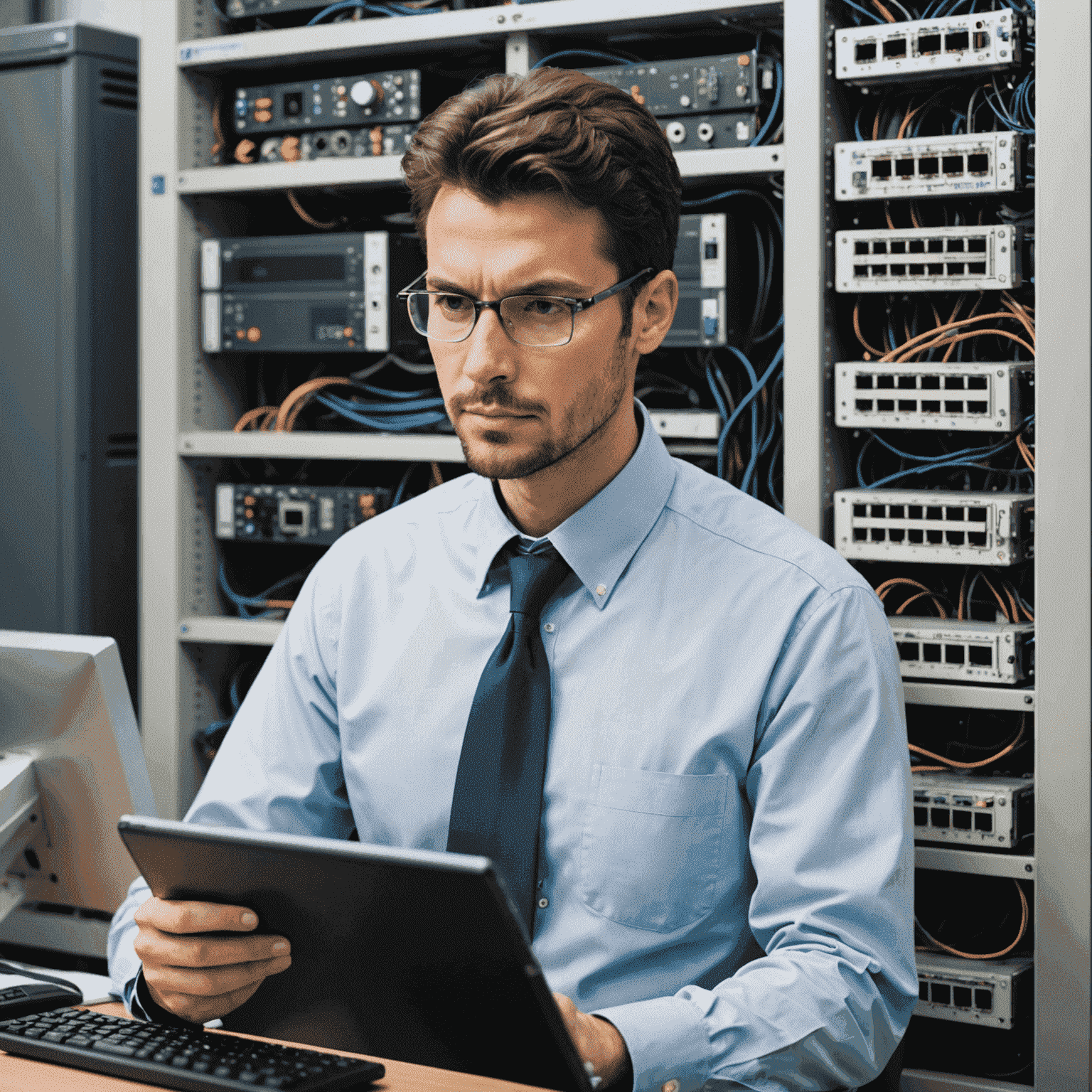 Illustration of a network administrator using Simple IP Discovery tool to troubleshoot network issues. The image shows a person sitting at a computer with multiple monitors displaying network diagrams, IP addresses, and the Simple IP Discovery interface. Various network devices such as routers, switches, and servers are represented as icons connected by lines, symbolizing the network topology being analyzed.